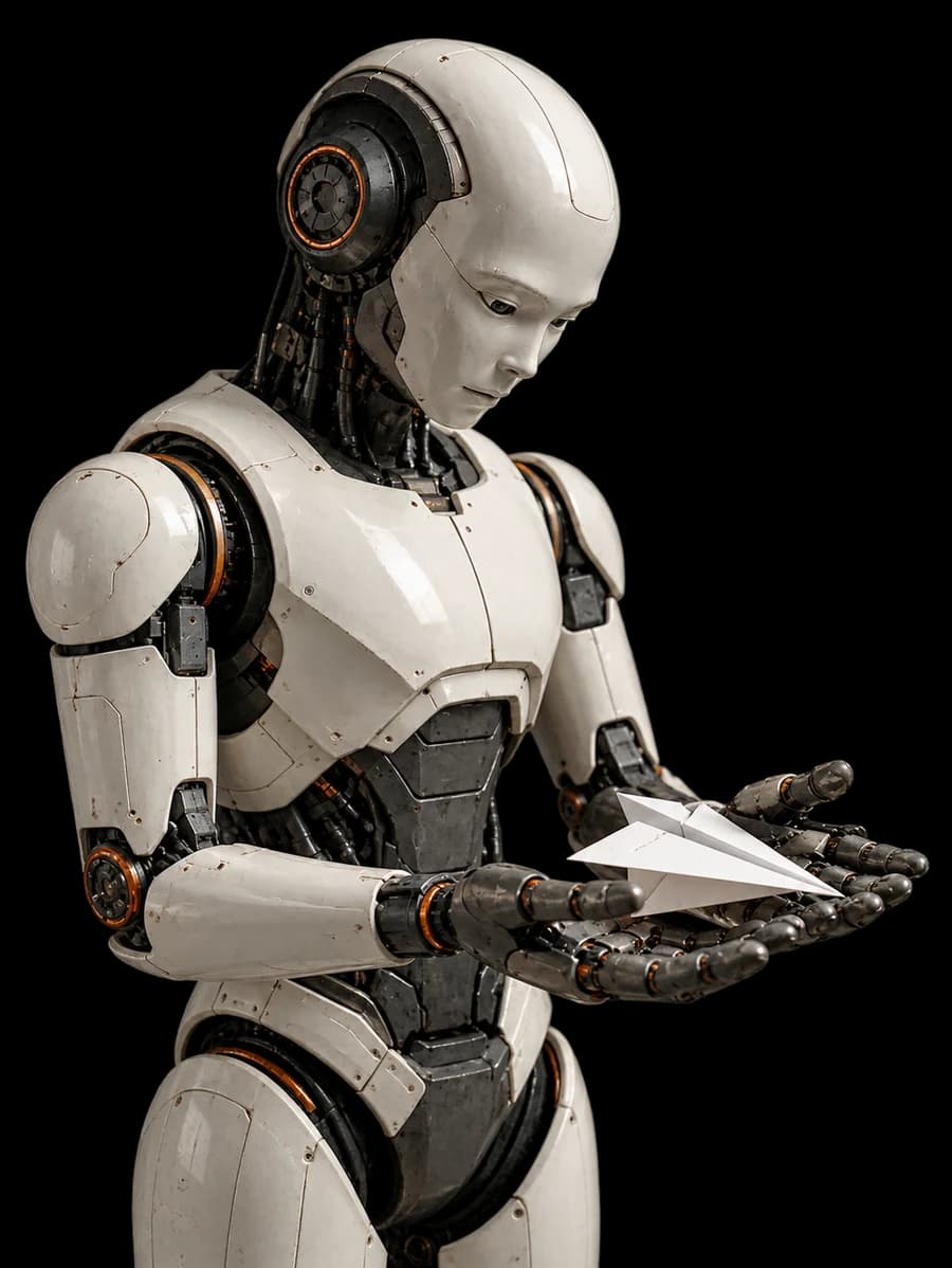 Humanoid robot holding a paper airplane